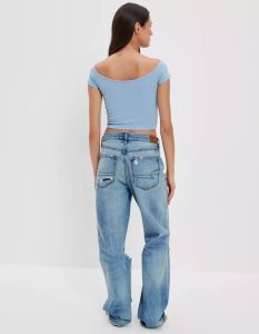 American Eagle AE Cinch Off-the-Shoulder Tee T-shirts Damen Blau | TJDYC7521