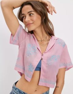 American Eagle AE Cropped Embroidered Resort Hemd Damen Lavendel | MWCHQ5481