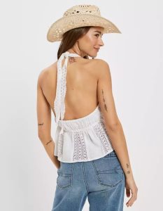 American Eagle AE Embroidered Babydoll Halter Top Hemd Damen Weiß | IQYLF9147