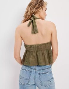 American Eagle AE Embroidered Babydoll Halter Top Hemd Damen Olivgrün | YRIQU3958