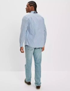 American Eagle AE Everyday Gestreift Oxford Button-Up Shirt Flanell Tops Herren Blau | BTUMH9418