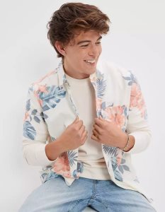 American Eagle AE Floral Button-Up Resort Shirt Flanell Tops Herren Weiß | OTGBE4621