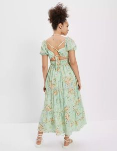 American Eagle AE Floral Open Back Corset Midi-kleid Damen Grün | XGMPU1946