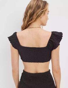 American Eagle AE Flutter Sleeve Super Cropped Top Hemd Damen Schwarz | VEQJM7031