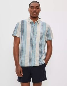 American Eagle AE Gestreift Button-Up Resort Shirt Flanell Tops Herren Hellblau | PAWHX0923