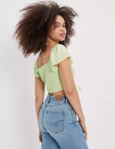 American Eagle AE Keyhole Flutter-Sleeve Blouse Hemd Damen Mintfarben | ZUBTO9324