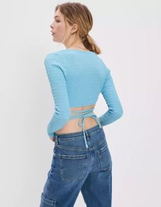 American Eagle AE Long-Sleeve Smocked Wrap Blouse Hemd Damen Blau | IDHVC6381