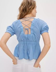 American Eagle AE Open-Back Babydoll Blouse Hemd Damen Blau | BDXNU9240