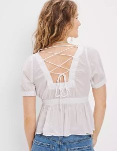 American Eagle AE Open-Back Babydoll Blouse Hemd Damen Weiß | UAYGR1250