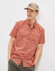 American Eagle AE Printed Button-Up Resort Shirt Flanell Tops Herren Orange | IVLPO7621