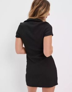 American Eagle AE Smocked Button-Front Polo Minikleid Damen Schwarz | CENHZ2439