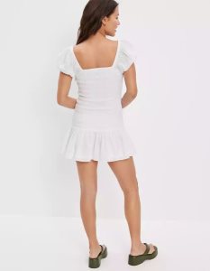 American Eagle AE Smocked Kurzes-Sleeve Minikleid Damen Weiß | HBOQL6952