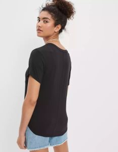 American Eagle AE Soft & Sexy V-Neck Pocket Tee T-shirts Damen Schwarz | ZJEFG0629