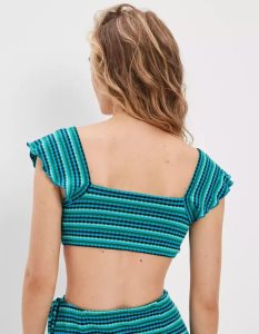 American Eagle AE Super Cropped Popcorn Top Hemd Damen Blau | IBYFL8903