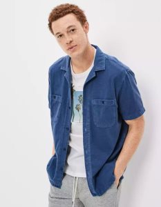 American Eagle AE Super Soft Knit Button-Up Shirt Flanell Tops Herren Blau | PVBQY4537