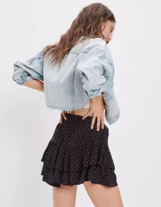 American Eagle AE Tiered Ruffle Tie-Taille Floral Mini GolfSkirts Damen Schwarz | EGICK9754