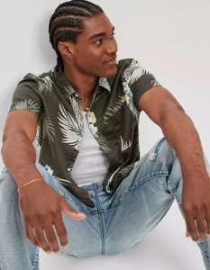American Eagle AE Tropical Button-Up Resort Shirt Flanell Tops Herren Olivgrün | GMPZK7104