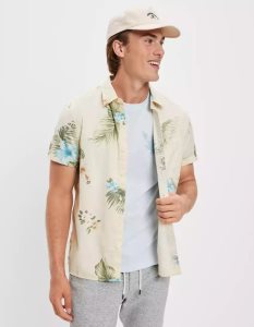 American Eagle AE Tropical Button-Up Resort Shirt Flanell Tops Herren Weiß Mintfarben | ISDVO9610