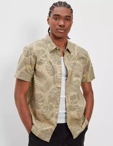 American Eagle AE Tropical Button-Up Resort Shirt Flanell Tops Herren Khaki | JPATY2196