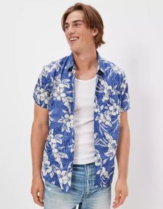 American Eagle AE Tropical Button-Up Resort Shirt Flanell Tops Herren Blau | NSMYA0156