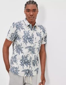 American Eagle AE Tropical Button-Up Resort Shirt Flanell Tops Herren Weiß | OYLTE7108