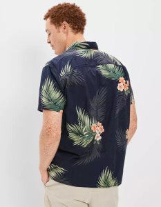 American Eagle AE Tropical Button-Up Resort Shirt Flanell Tops Herren Schwarz | WVCDR6089