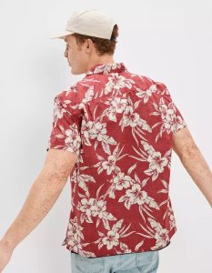 American Eagle AE Tropical Button-Up Resort Shirt Flanell Tops Herren Rot | XIYCD7584