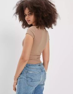 American Eagle AE V-Neck Kurzes-Sleeve Bodysuit T-shirts Damen Braun | ZDTAX1248
